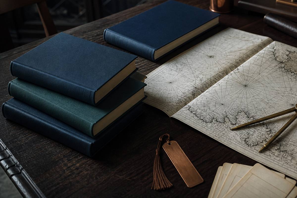 A stack of maritime reference books beside a wooden ruler and catalogue tabs