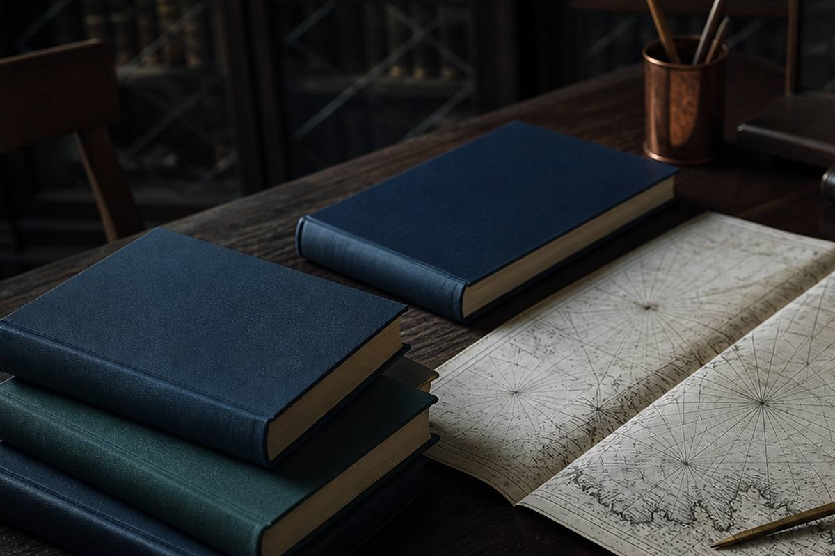 A manuscript ledger opened beside a pencil, ribbon marker and brass weight