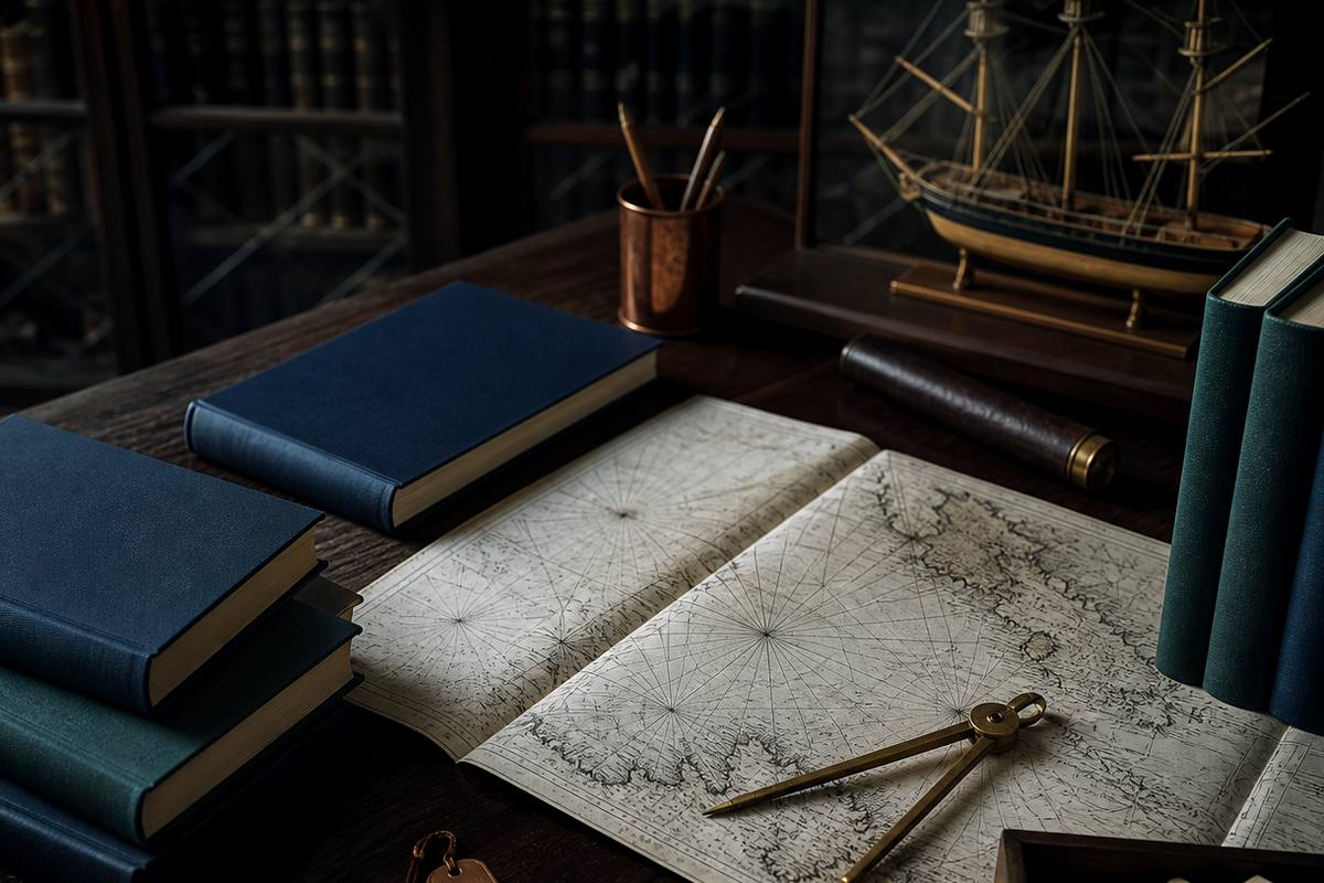 A map case and archival folders in a calm institutional reading room